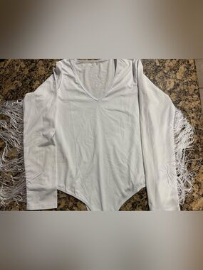 White Fringe Long-Sleeve V-Neck Bodysuit large